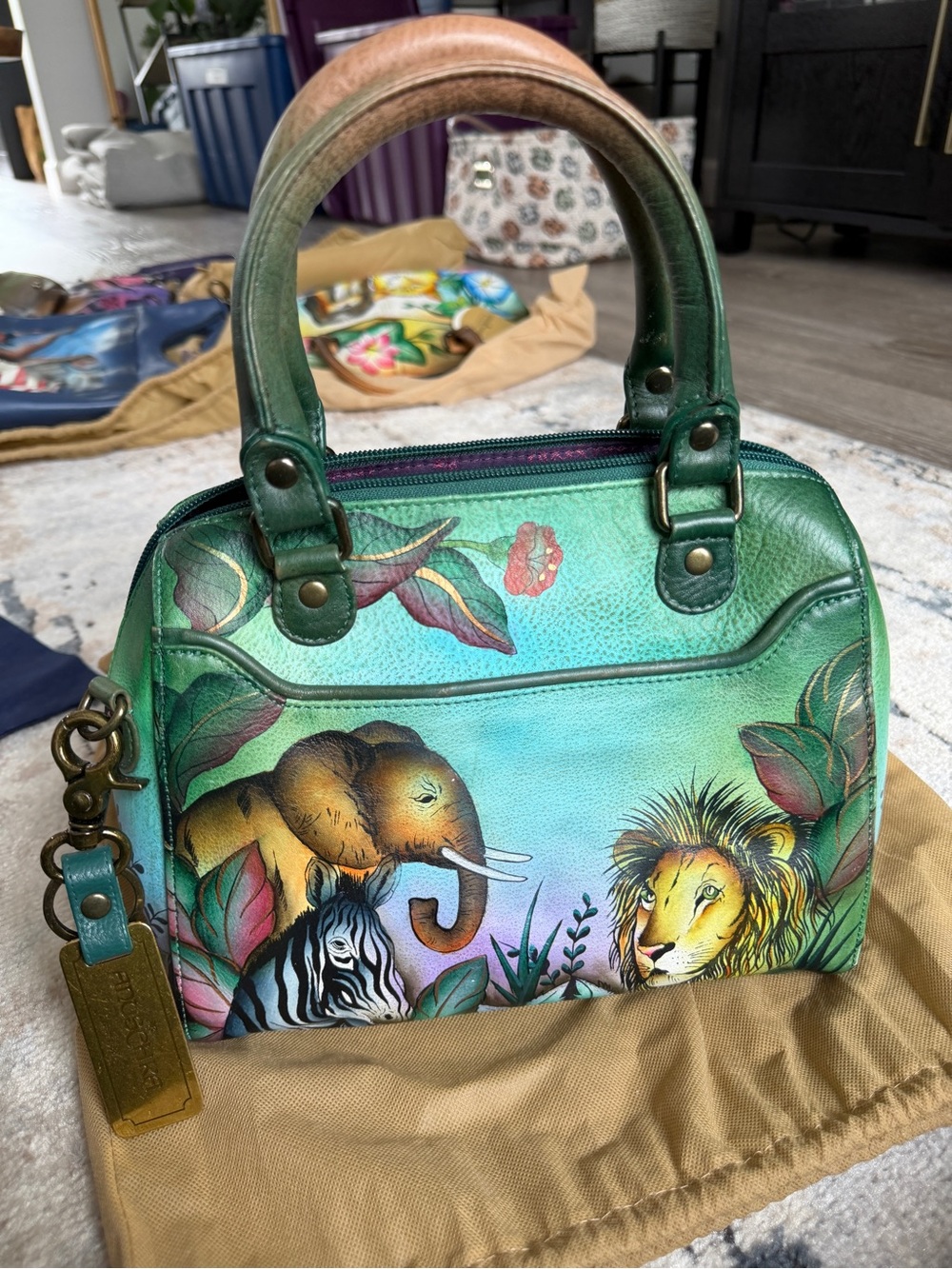 Anuschka Hand-Painted Green Animal-Print Dome Satchel